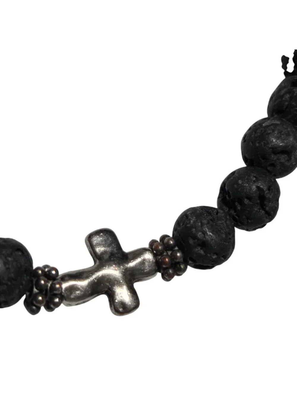 Black Lava Bead Bracelet Stretch Silver Cross Charm Religious Fashion Jewelry